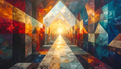 Geometric tunnel leads to bright light, stained glass style