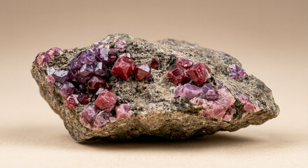 Octahedral red and purple spinel crystals are hosted within a dark granular rock matrix.
