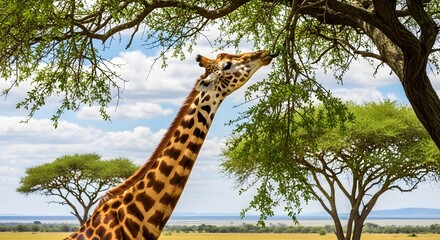 Majestic giraffe stretching its long neck high into the branches of an acacia tree to browse tender leaves under a bright African sky