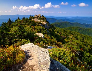 A vibrant mountain ridge, lush with greenery and rock formations, stretching towards distant hazy blue ranges under a bright, cloud-dotted sky