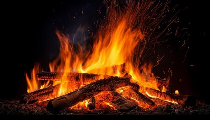 a vibrant bonfire with bright orange flames and glowing embers against black