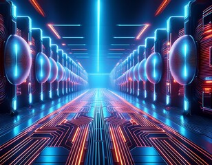 futuristic circuitry corridor with glowing neon lights and illuminated spheres