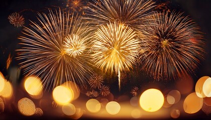 golden fireworks explode in the night sky with bokeh lights in the foreground