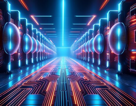 futuristic circuitry corridor with glowing neon lights and illuminated spheres - Powered by Adobe