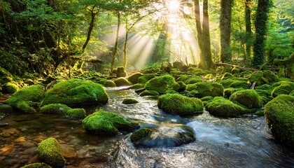 sunlight streams through a mossy forest stream