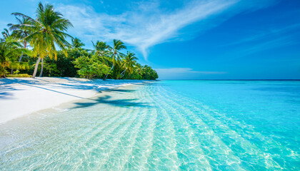 Tropical island beach landscape exotic shore coast. Tranquil closeup calm sea water waves with palm trees. Beautiful Panorama. Summer vacation, holiday amazing nature. Relax paradise, Maldives.