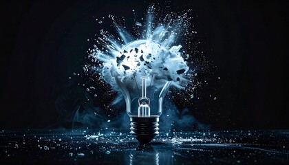 Glass bulb shattering, exploding into icy blue fragments. Dark backdrop