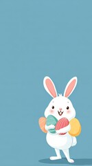 Obraz premium Cute white rabbit holding colorful decorated Easter eggs. Happy Easter concept wallpaper, greeting card, or social media background. Spring holiday.