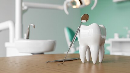 Dental Model with Mirror and Probe in Modern Dental Clinic with Soft Lighting on Wooden Table for Healthcare Advertising