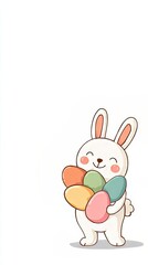 Obraz premium White cartoon bunny holding colorful Easter eggs with a happy face. Cute rabbit character design for spring holiday celebration greeting card.