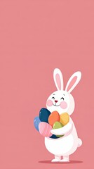 Obraz premium Cute Easter bunny cheerfully holding colorful decorated eggs against a pink background for Spring holiday celebration and promotion.