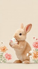 Obraz premium Cute rabbit holding a decorated Easter egg among spring flowers. Happy Easter concept for greeting card design or holiday celebration.