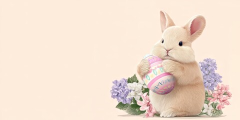 Obraz premium Cute fluffy bunny holding colorful Easter egg, surrounded by spring flowers. Pastel background with copy space for holiday greeting card.