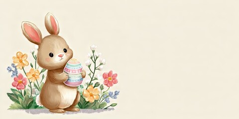 Obraz premium Cute brown rabbit holding up a colorful Easter egg among spring flowers. Adorable animal illustration for Easter holiday greeting card.