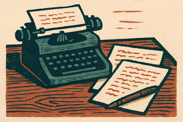 2D Charcoal Drawing of Writing Desk with Typewriter, Handwritten Pages