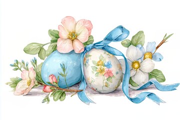 Hand-painted watercolor Easter eggs with delicate spring flowers and a blue ribbon, perfect for greeting card design and festive decoration
