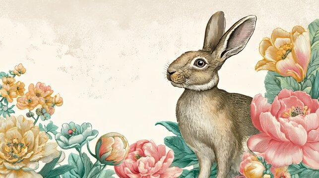 Cute bunny in a vibrant bouquet of spring flowers, perfect for Easter greeting card and spring themed designs. Hand drawn animal illustration design.