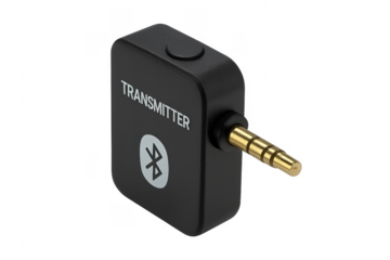 Black wireless audio transmitter with 3.5mm jack plugin