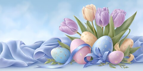 Easter egg decoration with pastel color tulips and silken ribbon. Holiday background for greeting card or springtime celebration banner.