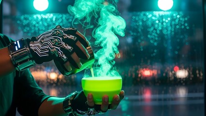 Cyberpunk Barista Preparing Glowing Matcha with Neon Vapor Effects
