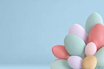 Colorful abstract background with soft pastel shapes against a light blue wall, creating a serene and minimal spring or Easter scene