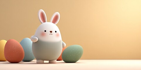 Cute 3D rendering of cartoon Easter bunny with colorful decorated eggs. Festive holiday concept for spring celebration design.