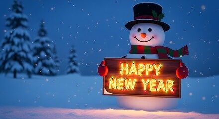 Cheerful snowman character wearing a black top hat and striped scarf holds a glowing neon sign wishing everyone a happy new year in the cold winter landscape
