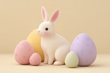 Cute white bunny with pastel Easter eggs. Holiday decoration or spring festival symbol for greeting card. Cheerful minimalist design for child.