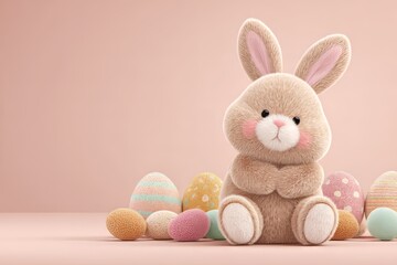 Cute fluffy bunny with pastel colored Easter eggs on pink background. Sweet animal character for greeting card, children decor, holiday celebration.