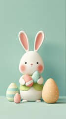 Cute 3d rendered cartoon rabbit holding colorful Easter egg. Spring holiday concept with pastel decoration and adorable character element.
