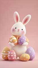 Cute easter bunny character with colorful decorated eggs. Festive illustration for Easter holiday celebration. Cartoon rabbit graphic design for spring.
