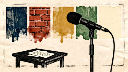 2D Charcoal Pencil Illustration of Studio Microphone with Cue Cards in Minimal Setup