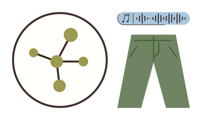Molecule with connected atoms, sound waveform, and green pants evoke science, technology, fashion, creativity, sustainability, and audio innovation. Ideal for education research design audio tech