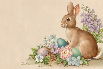 Brown rabbit with Easter eggs and pastel flowers. Vintage illustration for spring holiday greeting card design.