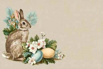 Vintage illustration of a rabbit with Easter eggs and flowers. springtime artwork for greeting card or holiday invitation design.