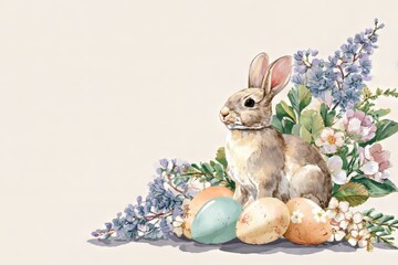 Rabbit sits among spring flowers and painted eggs. Easter holiday decorative illustration for greeting card design.