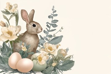 Cute rabbit sitting among blooming flowers and Easter eggs. Spring holiday celebration concept for greeting card and banner design.