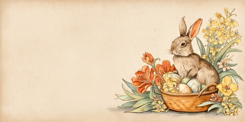 Rabbit in basket with Easter egg and flower for Easter greeting card. Vintage animal illustration for spring holiday celebration.