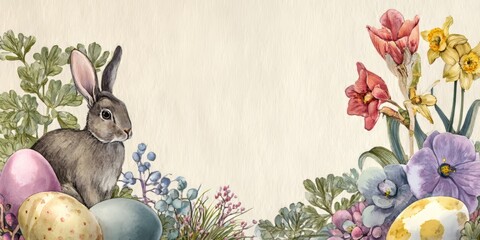 Watercolor illustration of a bunny with Easter eggs and spring flowers on a textured background. Festive design for greeting card or banner template.
