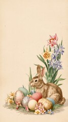 Brown rabbit with colorful eggs and spring flowers. Easter holiday concept. Vintage illustration for greeting card, banner, or invitation.