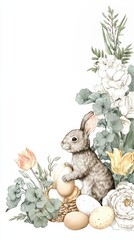 Cute rabbit with Easter eggs and spring flowers, watercolor illustration for greeting card, holiday decoration, or seasonal design.