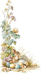 Watercolor illustration of a cute rabbit sitting amidst flowers and colorful eggs. Easter bunny art for Spring holiday greeting card and decoration.