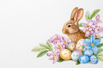 Cute brown rabbit with colorful Easter eggs and spring flowers. Holiday greeting card design. Watercolor illustration with space.