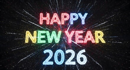 Sparkling multicolored digital text proclaims happy new year 2026 against a dark background with vibrant particle explosions celebrating the transition.