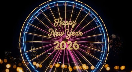 Vibrant illuminated ferris wheel displaying neon cursive text announcing happy new year 2026 celebration against a dark city skyline backdrop with fireworks.