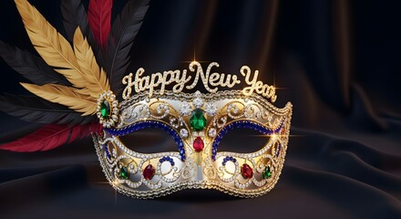 Ornate jeweled Venetian style masquerade mask adorned with vibrant feathers and sparkling happy new year inscription rests elegantly against dark silk fabric background.