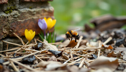 Bumblebee hovering near crocus flowers in spring garden with copy space