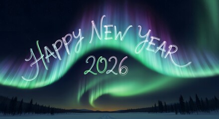 Happy new year 2026 greeting written against a dramatic backdrop of the vibrant aurora borealis illuminating the cold arctic night sky above snowy terrain