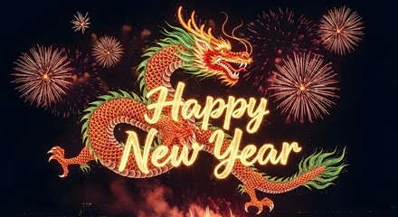 Majestic Chinese dragon soaring through the night sky amidst brilliant exploding fireworks celebrating a joyous happy new year greeting