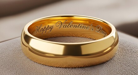 Close up rendering of a highly polished yellow gold wedding band displaying an engraved happy valentine's day message inside the loop.